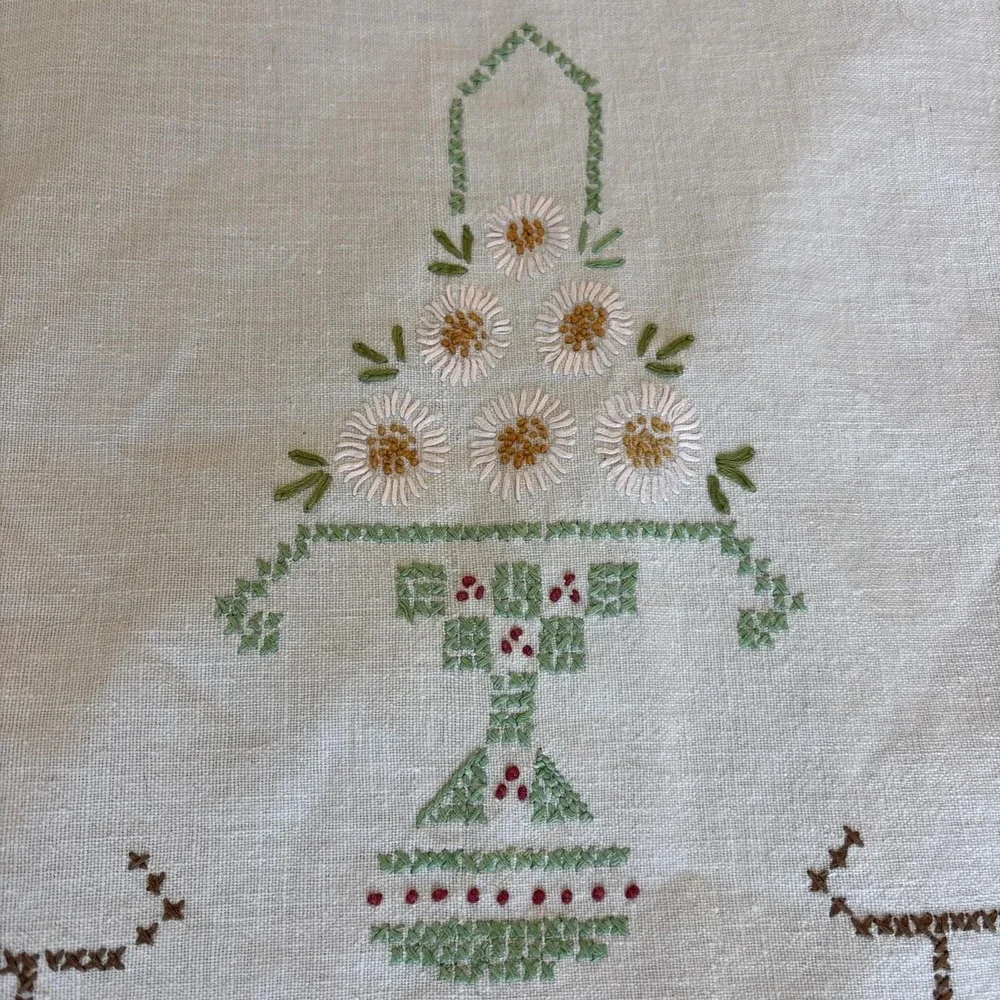 VTG Gorgeous Handmade Cross Stitch Table Cover / Dresser Cover Lace Edge 36.5x27